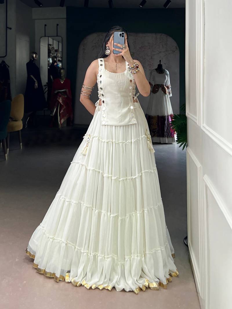 White Mirror Work Marble Navratri Lehenga Choli with Chanderi Blouse and Koti