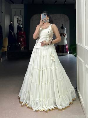 White Mirror Work Marble Navratri Lehenga Choli with Chanderi Blouse and Koti 2