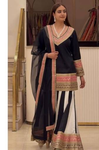 Black embroidery natural crep full stitched sharara palazzo suit set