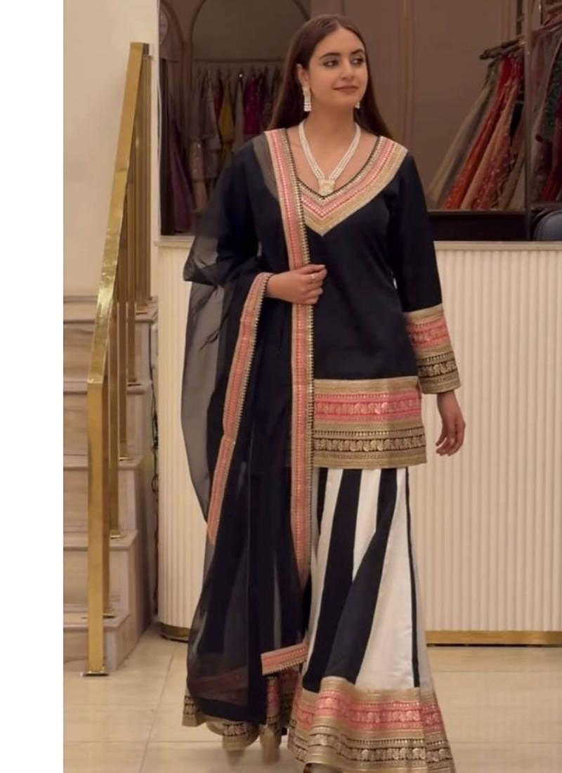 Baby pink embroidery natural crep full stitched sharara palazzo suit set