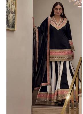 Black embroidery natural crep full stitched sharara palazzo suit set 2