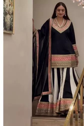 Black embroidery natural crep full stitched sharara palazzo suit set