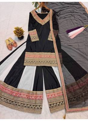 Black embroidery natural crep full stitched sharara palazzo suit set 3