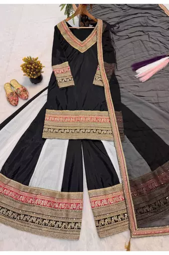 Black embroidery natural crep full stitched sharara palazzo suit set