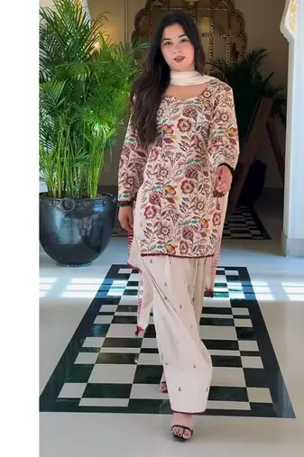 Off-white printed cameric cotton full stitched farshi salwar suit set
