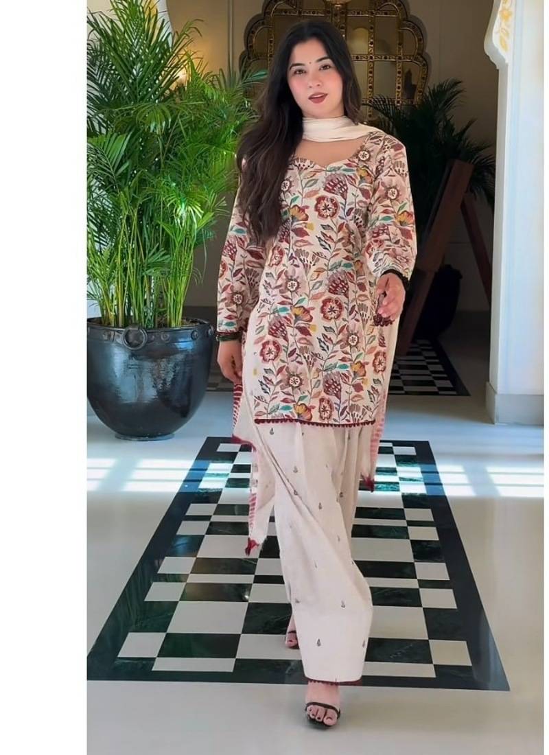 Off-white printed cameric cotton full stitched farshi salwar suit set