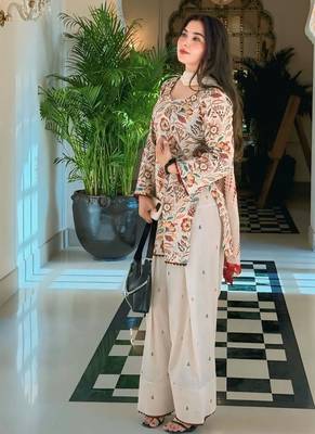 Off-white printed cameric cotton full stitched farshi salwar suit set 2