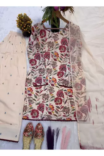 Off-white printed cameric cotton full stitched farshi salwar suit set