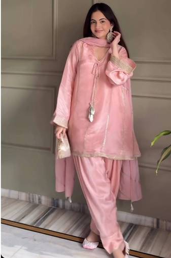 Baby pink embroidery gimmy silk full stitched farshi salwar suit set