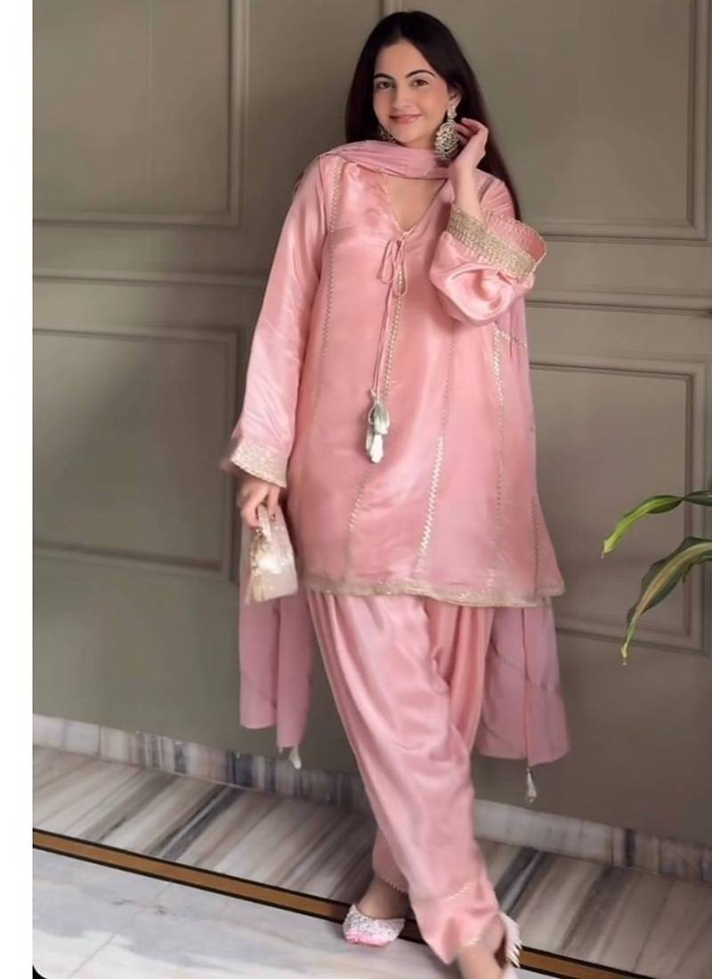 Baby pink embroidery gimmy silk full stitched farshi salwar suit set
