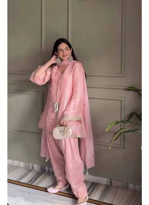 Baby pink embroidery gimmy silk full stitched farshi salwar suit set 2