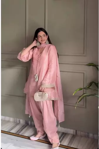 Baby pink embroidery gimmy silk full stitched farshi salwar suit set