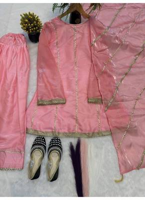 Baby pink embroidery gimmy silk full stitched farshi salwar suit set 4