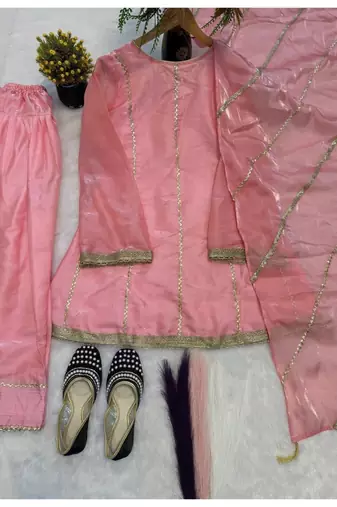 Baby pink embroidery gimmy silk full stitched farshi salwar suit set