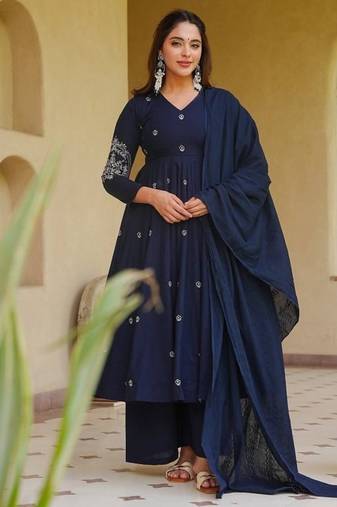 Blue embroidery sequence full stitched anarkali gown