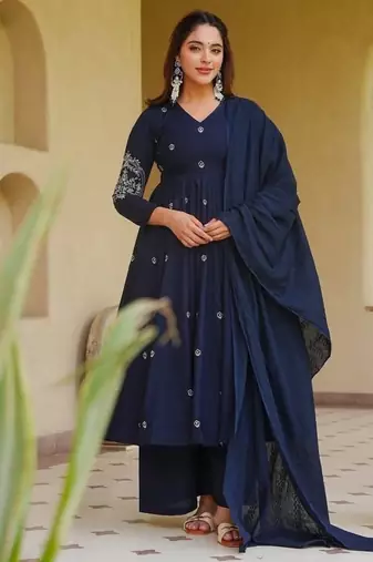 Blue embroidery sequence full stitched anarkali gown