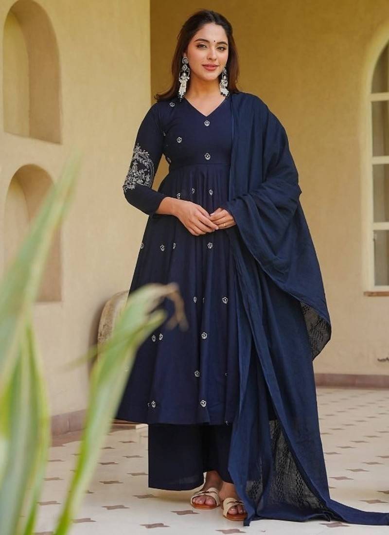Blue embroidery sequence full stitched anarkali gown