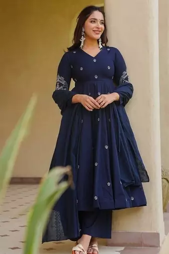 Blue embroidery sequence full stitched anarkali gown