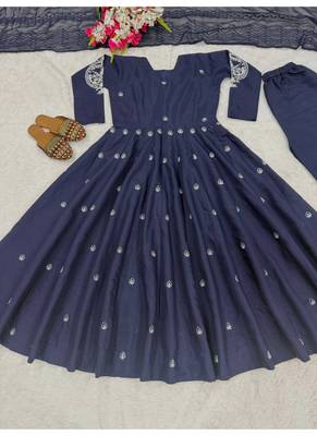 Blue embroidery sequence full stitched anarkali gown 4