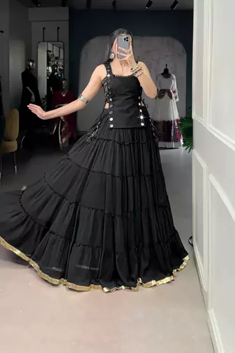 Black Mirror Work Marble Navratri Lehenga Choli with Chanderi Blouse and Koti