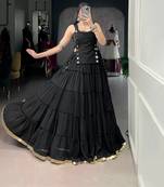 Black Mirror Work Marble Navratri Lehenga Choli with Chanderi Blouse and Koti