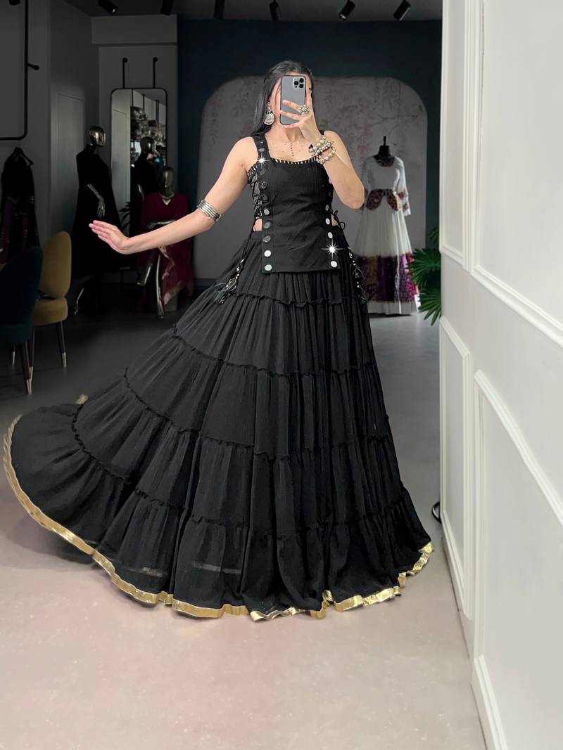 Black Mirror Work Marble Navratri Lehenga Choli with Chanderi Blouse and Koti