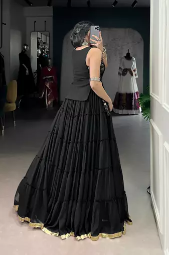 Black Mirror Work Marble Navratri Lehenga Choli with Chanderi Blouse and Koti