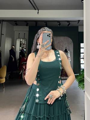 GREEN Mirror Work Marble Navratri Lehenga Choli with Chanderi Blouse and Koti 2