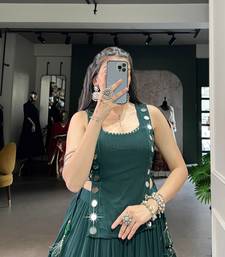 GREEN Mirror Work Marble Navratri Lehenga Choli with Chanderi Blouse and Koti