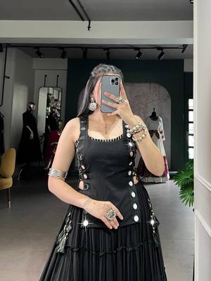 Black Mirror Work Marble Navratri Lehenga Choli with Chanderi Blouse and Koti 3