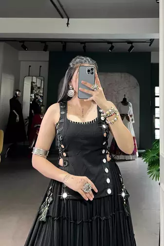 Black Mirror Work Marble Navratri Lehenga Choli with Chanderi Blouse and Koti