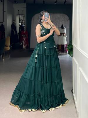 GREEN Mirror Work Marble Navratri Lehenga Choli with Chanderi Blouse and Koti 1
