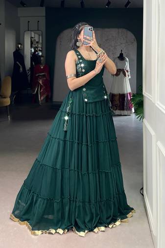 GREEN Mirror Work Marble Navratri Lehenga Choli with Chanderi Blouse and Koti