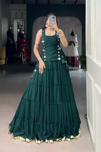 GREEN Mirror Work Marble Navratri Lehenga Choli with Chanderi Blouse and Koti