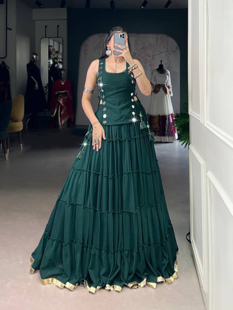 GREEN Mirror Work Marble Navratri Lehenga Choli with Chanderi Blouse and Koti