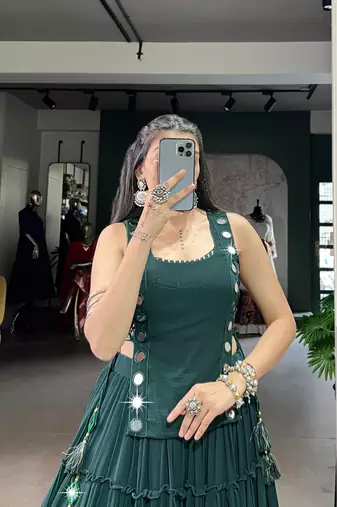 GREEN Mirror Work Marble Navratri Lehenga Choli with Chanderi Blouse and Koti