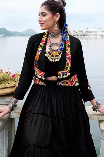 Black Gamthi Work Mirror Rayon Navratri  Lehenga Choli With Jacket Set