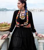 Black Gamthi Work Mirror Rayon Navratri  Lehenga Choli With Jacket Set