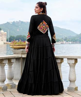 Black Gamthi Work Mirror Rayon Navratri  Lehenga Choli With Jacket Set 2