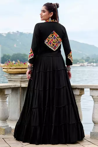 Black Gamthi Work Mirror Rayon Navratri  Lehenga Choli With Jacket Set