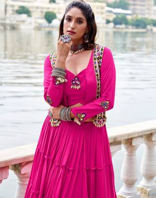Pink Gamthi Work Mirror Detailed Pure Rayon Navratri Lehenga Choli With Jacket Set 1