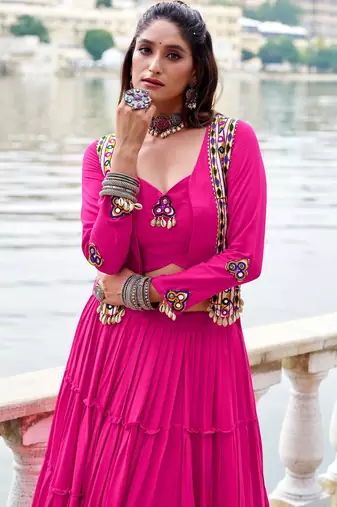 Pink Gamthi Work Mirror Detailed Pure Rayon Navratri Lehenga Choli With Jacket Set