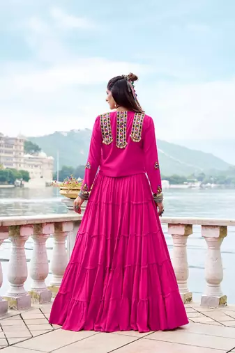 Pink Gamthi Work Mirror Detailed Pure Rayon Navratri Lehenga Choli With Jacket Set