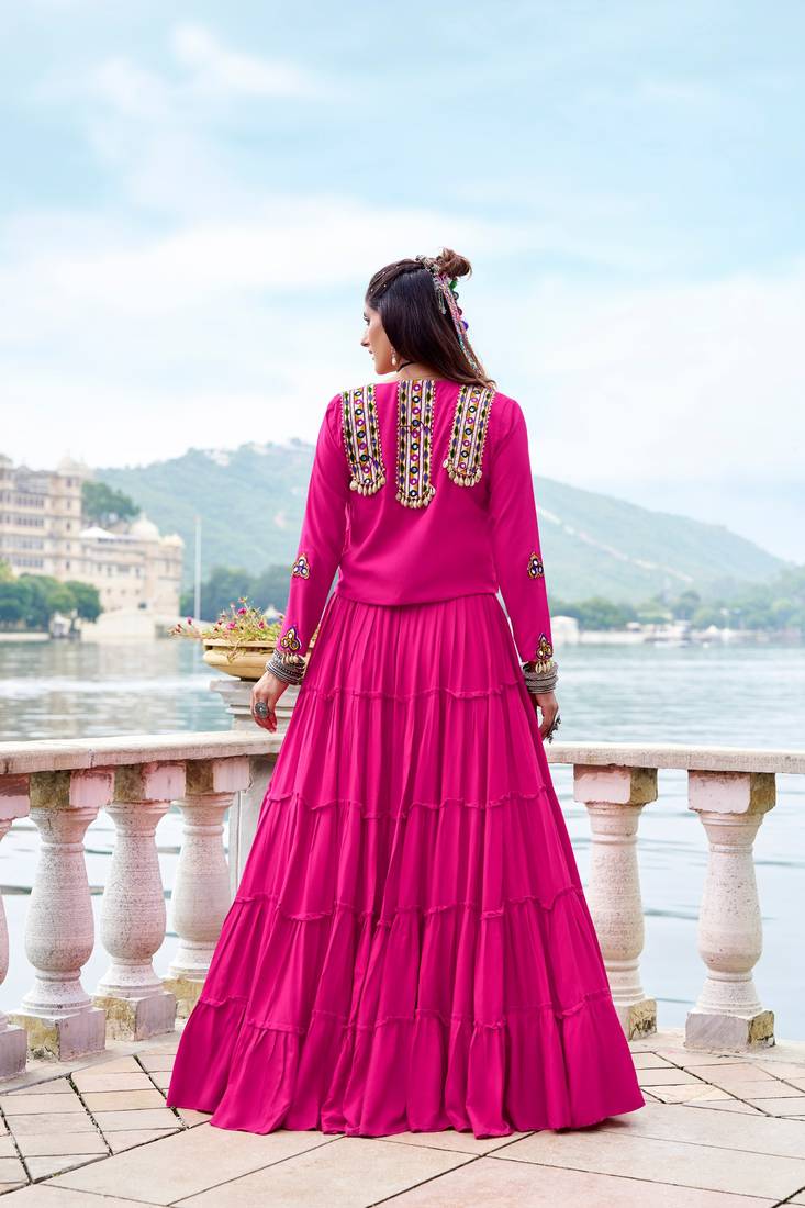 Pink Gamthi Work Mirror Detailed Pure Rayon Navratri Lehenga Choli With Jacket Set