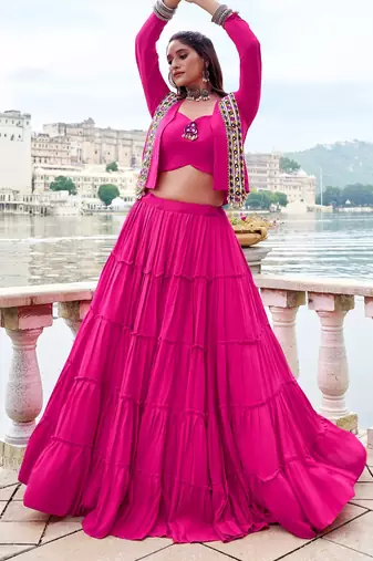 Pink Gamthi Work Mirror Detailed Pure Rayon Navratri Lehenga Choli With Jacket Set