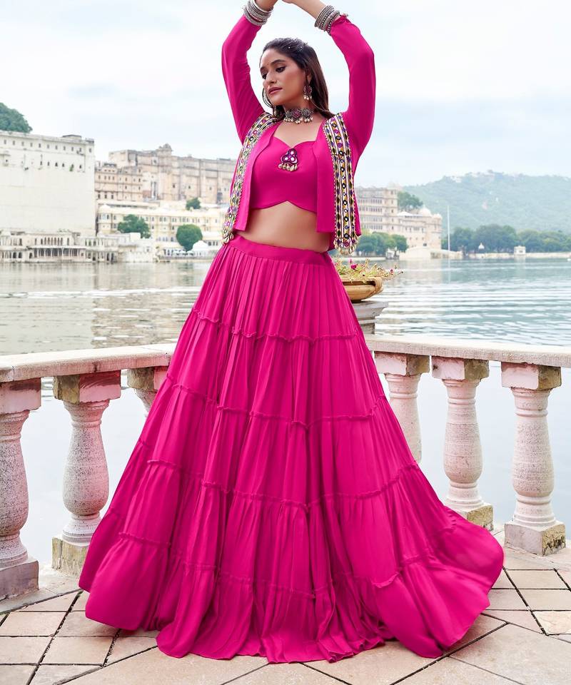 Pink Gamthi Work Mirror Detailed Pure Rayon Navratri Lehenga Choli With Jacket Set