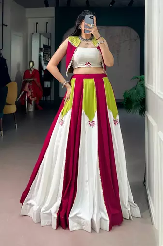 Multicolor Gota Patti Work Pure Rayon Navratri Lehenga Choli With Koti Set