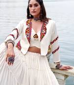 White Gamthi Work Mirror Detailed Pure Rayon Navratri Lehenga Choli With Jacket Set