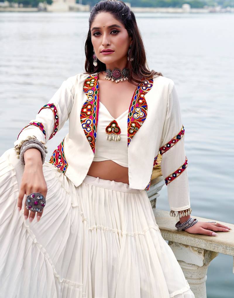 White Gamthi Work Mirror Detailed Pure Rayon Navratri Lehenga Choli With Jacket Set