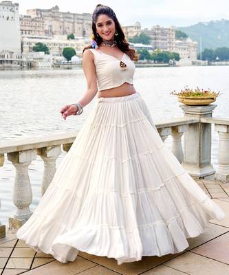White Gamthi Work Mirror Detailed Pure Rayon Navratri Lehenga Choli With Jacket Set 2